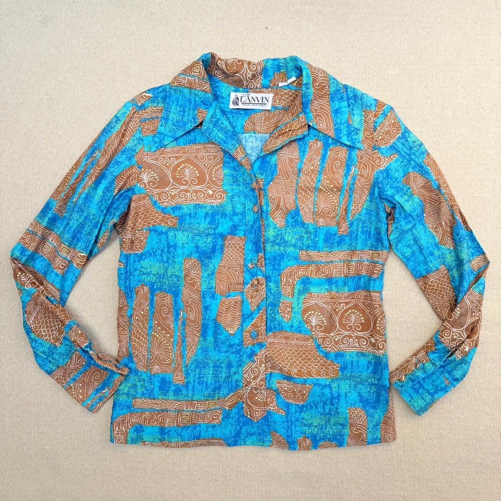 Vintage Lanvin Ethnic Tiki Cultural Woodblock Print Blouse Top Smock Tunic XS S